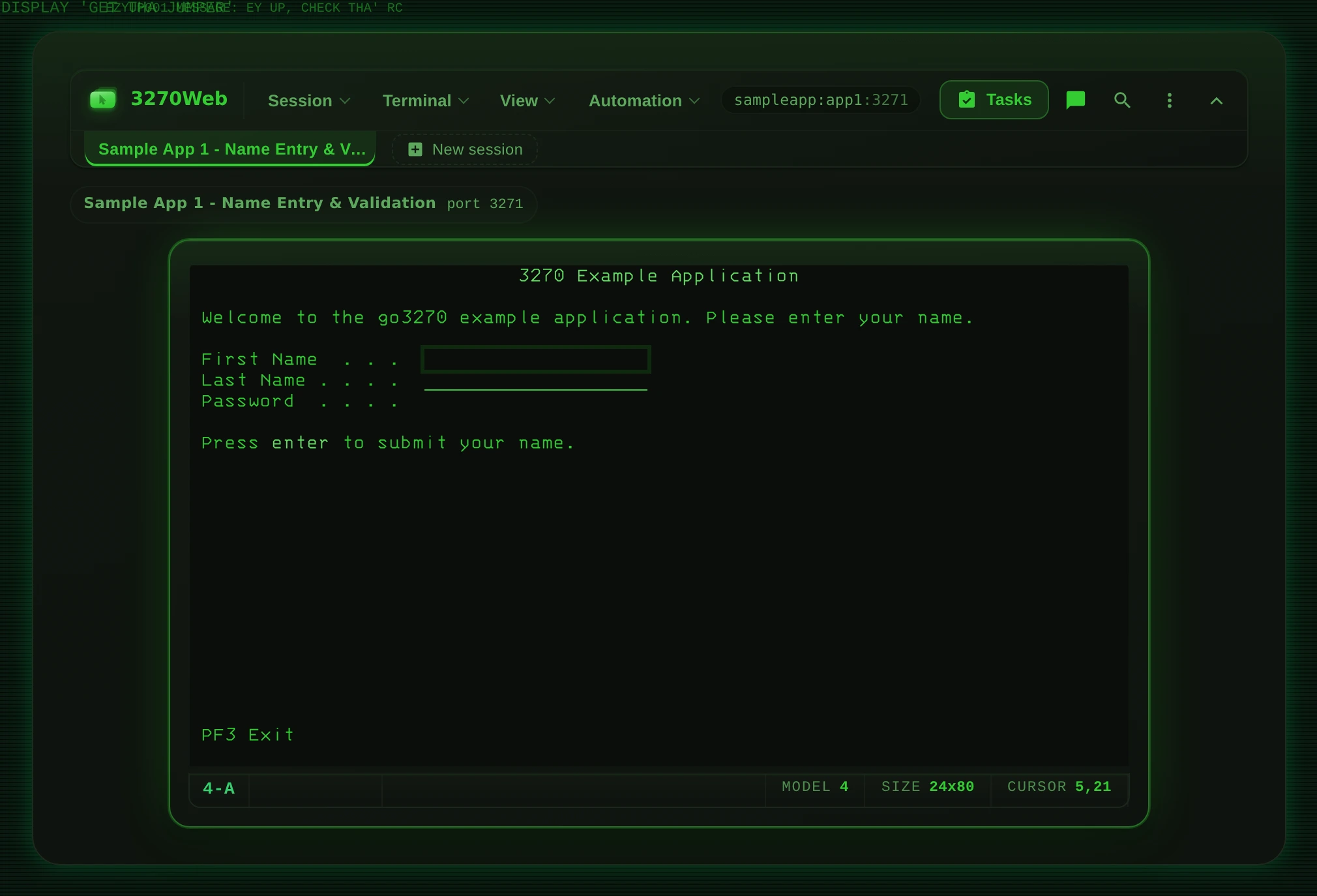 3270Web browser terminal showing a connected 3270 session under a single menu bar